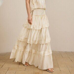 Apricot Casual Women's Long Ruffled Hem Elegant Multi-Layer Skirt